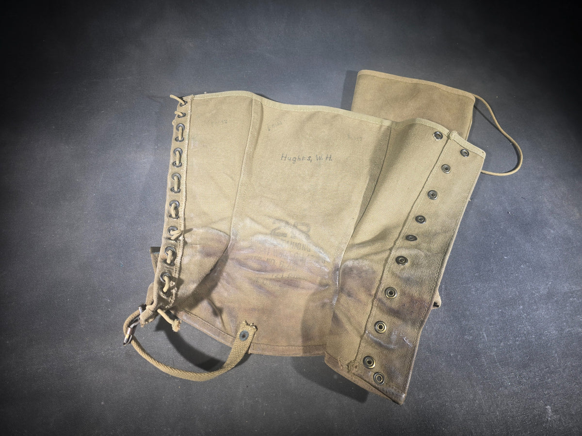 Pair of Vintage U.S. Military M-1938 Canvas Leggings, Circa 1942, Ink-Marked "Hughes, W. H."