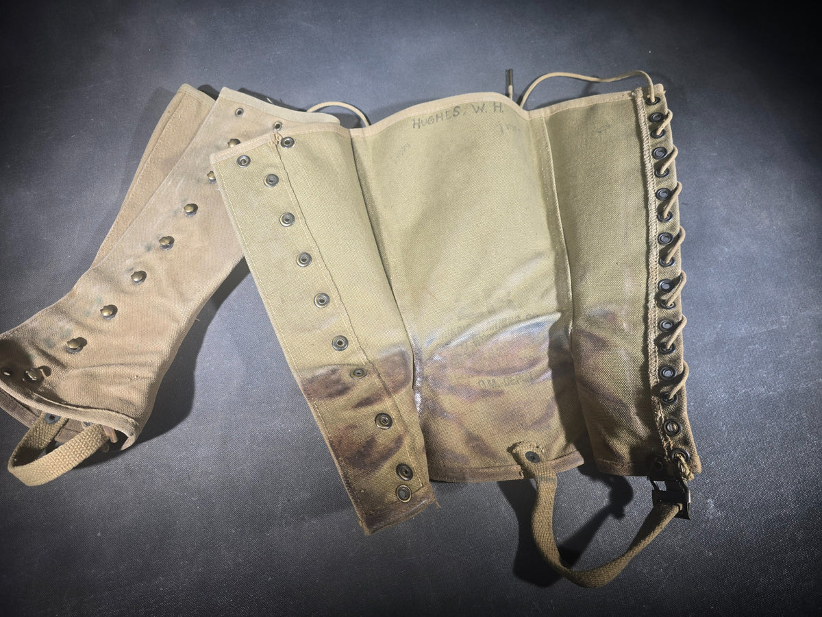 Pair of Vintage U.S. Military M-1938 Canvas Leggings, Circa 1942, Ink-Marked "Hughes, W. H."