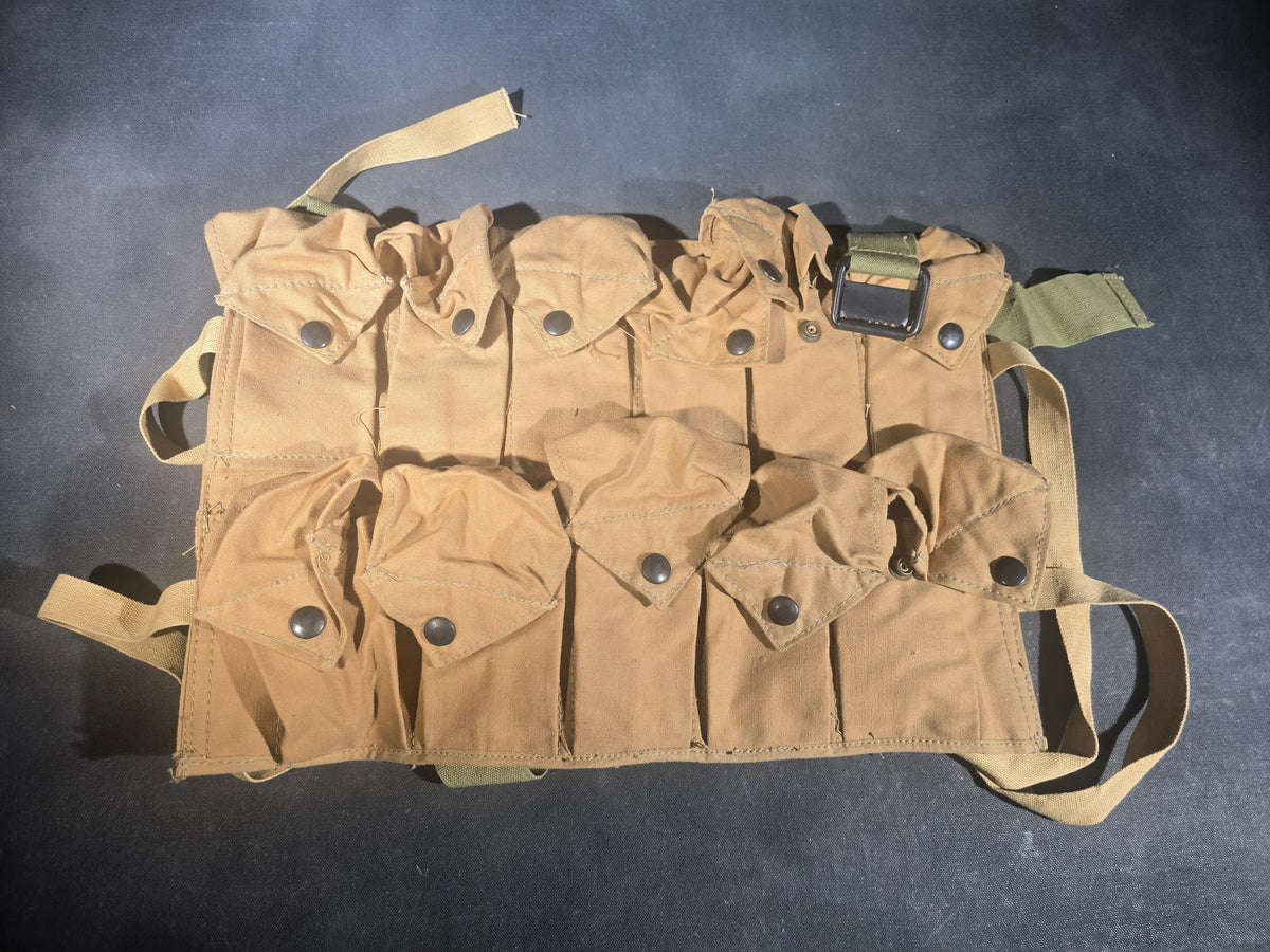 Vintage U.S. Military World War I Era Canvas Grenade Vest with 11 Snap-Closure Pouches, Dated 1944