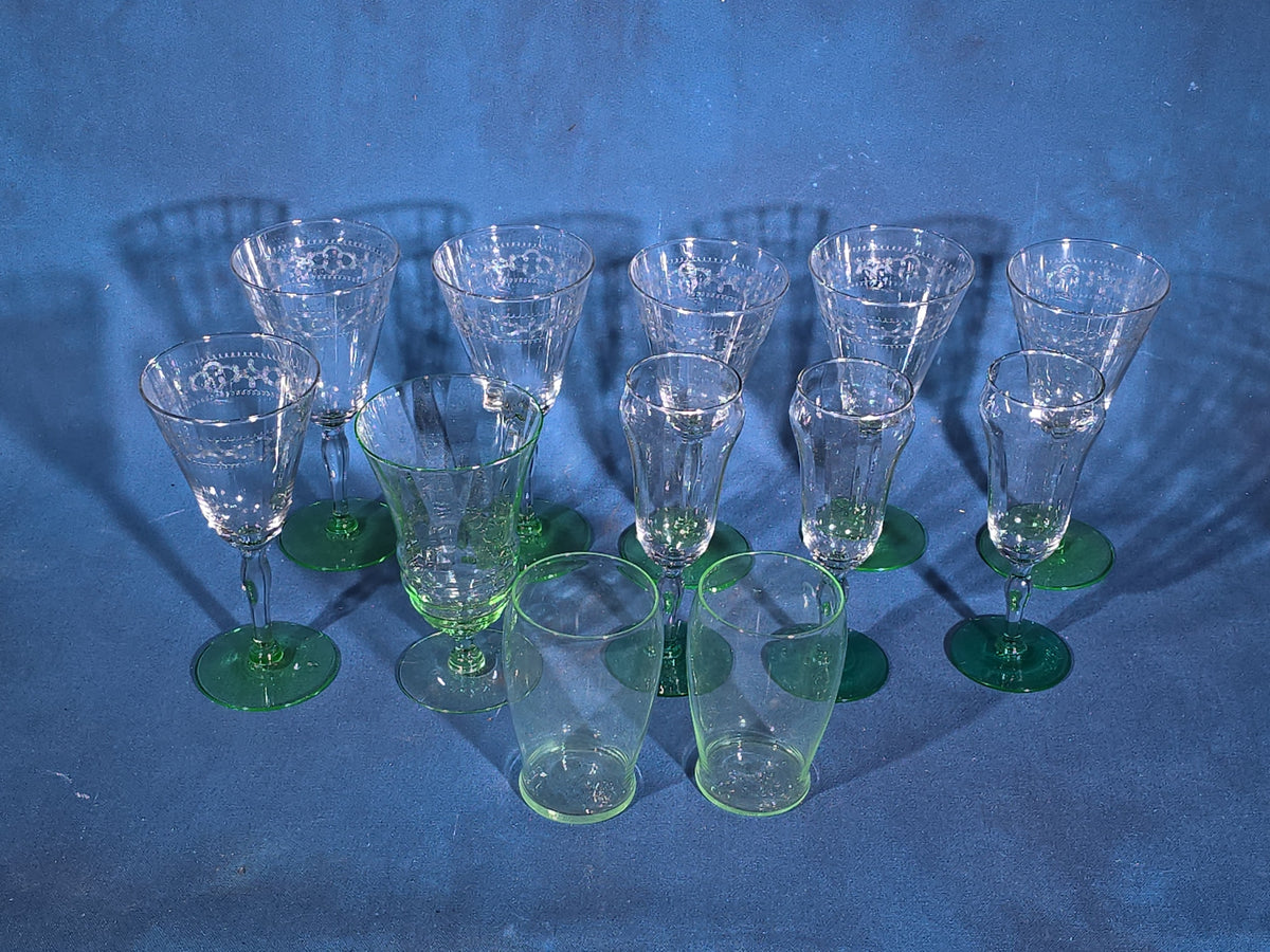 Grouping of 12 Antique Uranium Glass Drinking Vessels with Etched Stemware and Tumblers