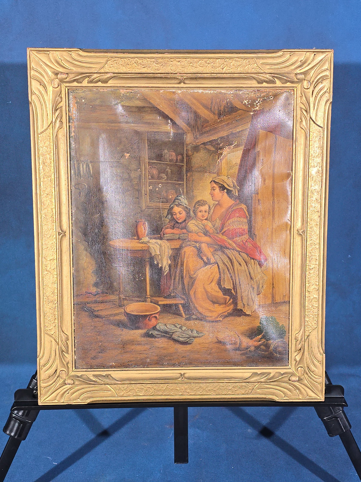 Antique Oil Painting on Canvas, Genre Scene of a Mother and Two Children in a Cottage Interior, in Gilt Frame