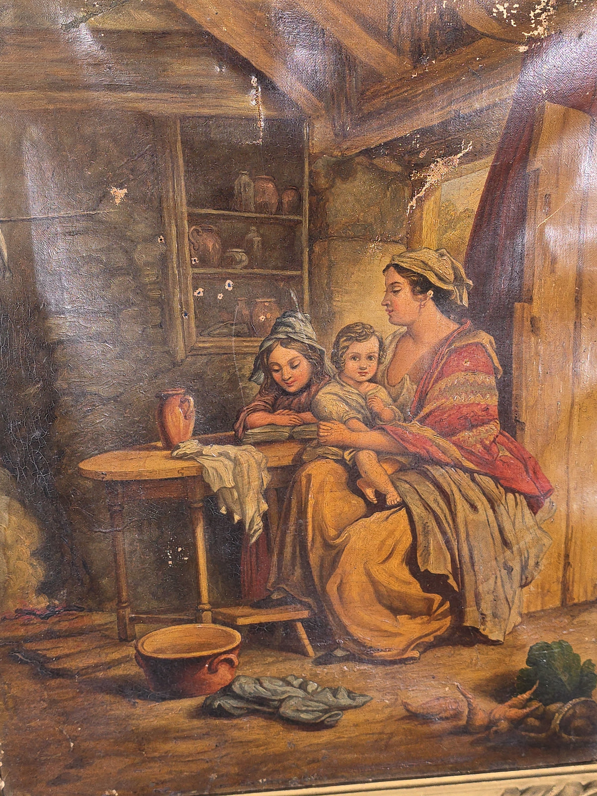 Antique Oil Painting on Canvas, Genre Scene of a Mother and Two Children in a Cottage Interior, in Gilt Frame