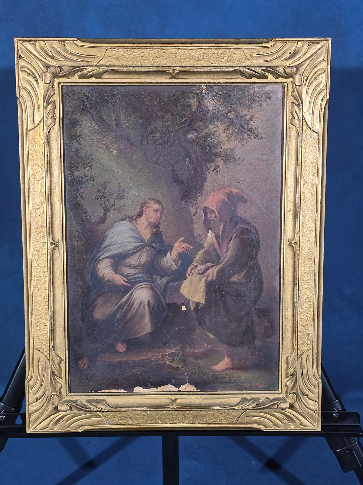 Antique Oil Painting on Canvas, The Devil Tempting Christ to Turn Stones into Bread, After Luca Giordano, in Gilt Frame