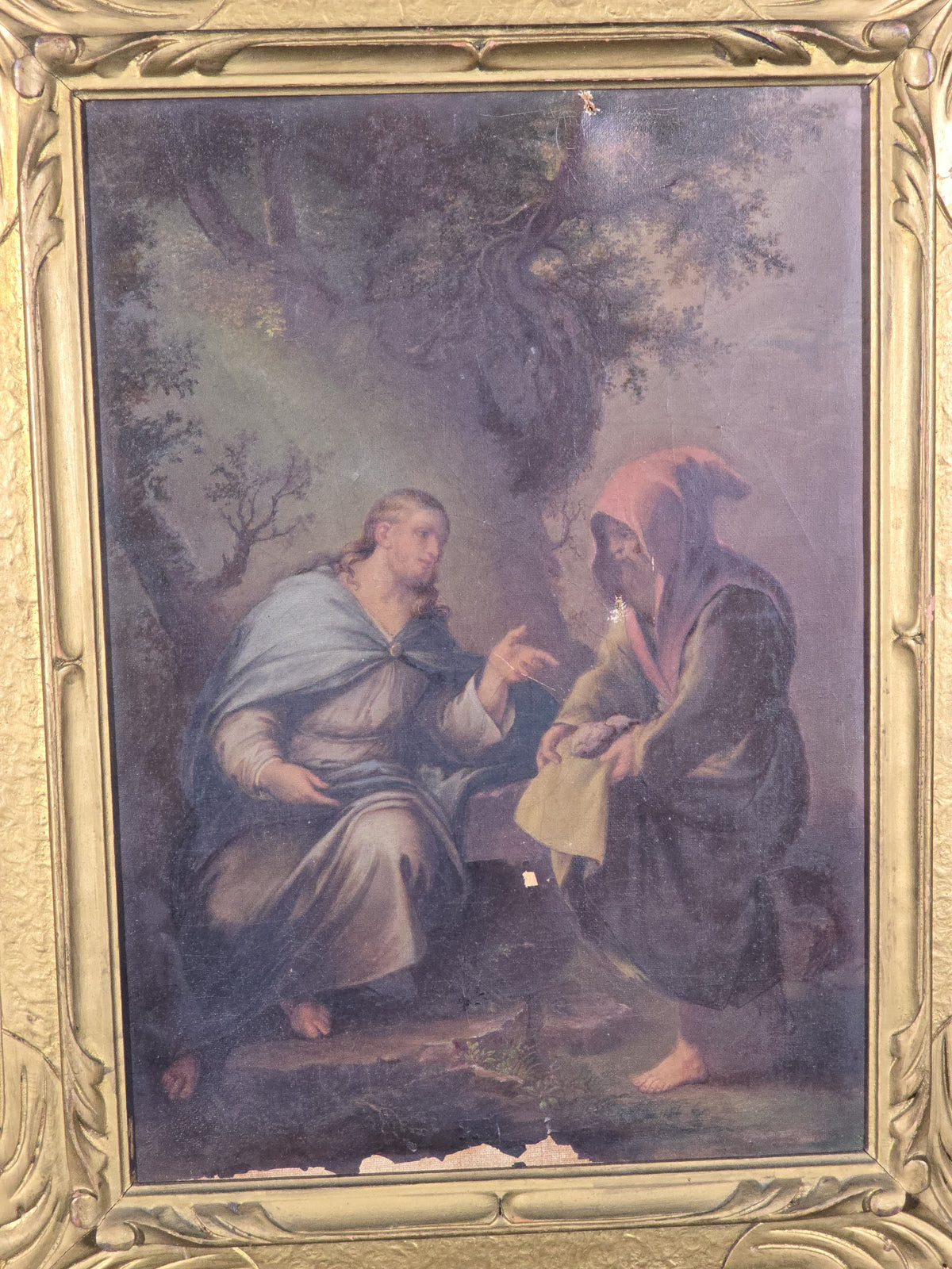 Antique Oil Painting on Canvas, The Devil Tempting Christ to Turn Stones into Bread, After Luca Giordano, in Gilt Frame