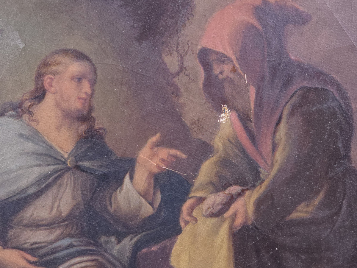 Antique Oil Painting on Canvas, The Devil Tempting Christ to Turn Stones into Bread, After Luca Giordano, in Gilt Frame