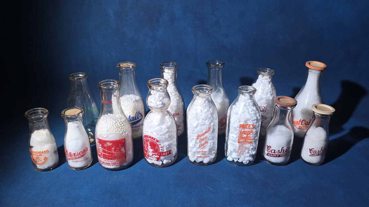 Grouping of 14 Vintage Printed Glass Dairy Milk Bottles including Brownell Bros., Price's Farms Dairy, Talcott View Farms, Cashin's, and Great Oak Farm