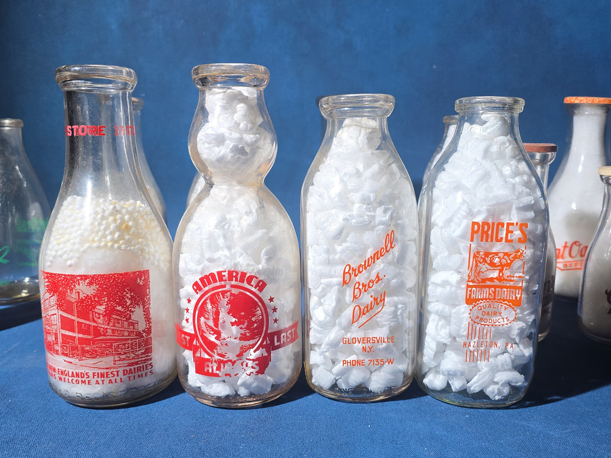 Grouping of 14 Vintage Printed Glass Dairy Milk Bottles including Brownell Bros., Price's Farms Dairy, Talcott View Farms, Cashin's, and Great Oak Farm