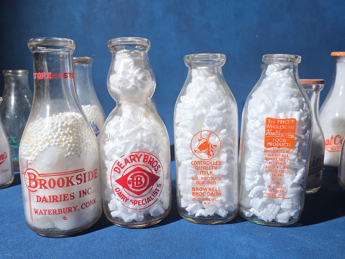 Grouping of 14 Vintage Printed Glass Dairy Milk Bottles including Brownell Bros., Price's Farms Dairy, Talcott View Farms, Cashin's, and Great Oak Farm