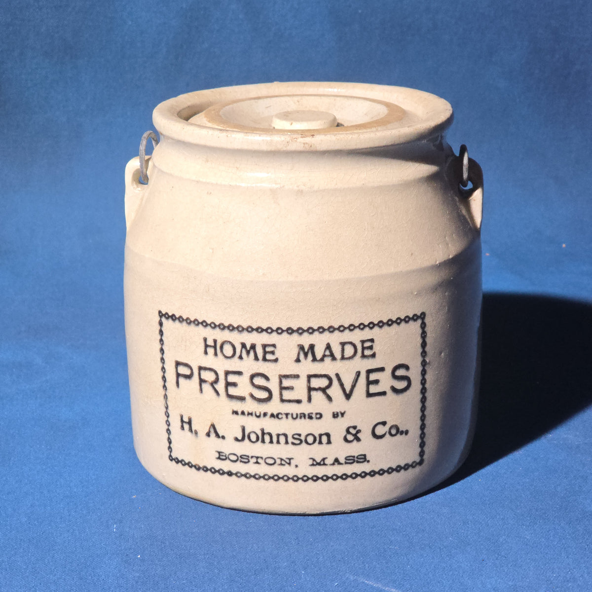 Antique "Home Made Preserves" Stoneware Crock with Lid and Bail Handle, Manufactured by H. A. Johnson & Co., Boston, Massachusetts