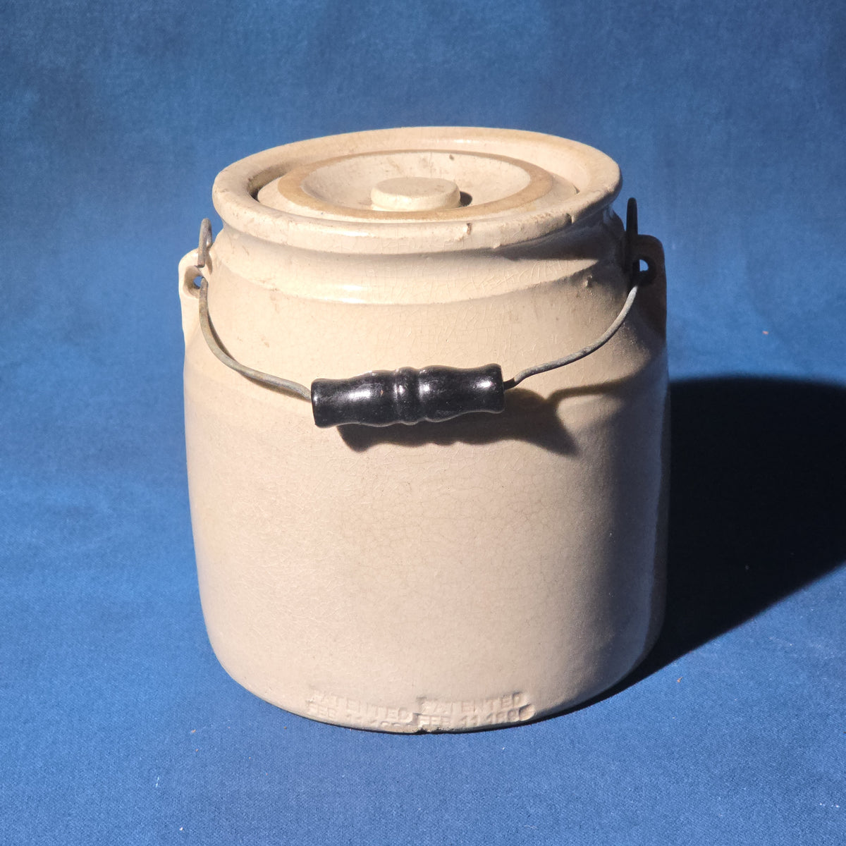 Antique "Home Made Preserves" Stoneware Crock with Lid and Bail Handle, Manufactured by H. A. Johnson & Co., Boston, Massachusetts
