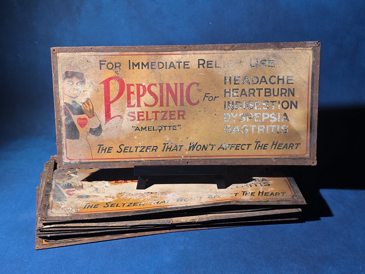 Grouping of 14 Antique Pepsinic Seltzer "Amelotte" Tin Lithograph Advertising Signs, Poor Condition