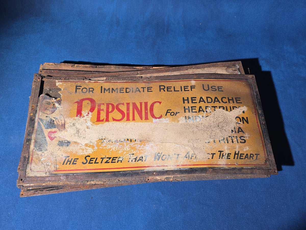 Grouping of 14 Antique Pepsinic Seltzer "Amelotte" Tin Lithograph Advertising Signs, Poor Condition