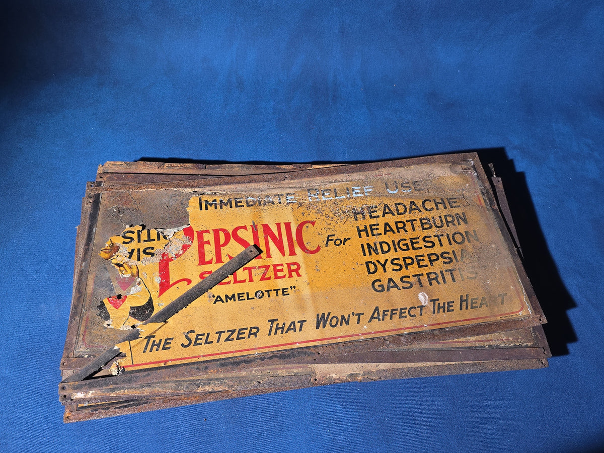 Grouping of 14 Antique Pepsinic Seltzer "Amelotte" Tin Lithograph Advertising Signs, Poor Condition