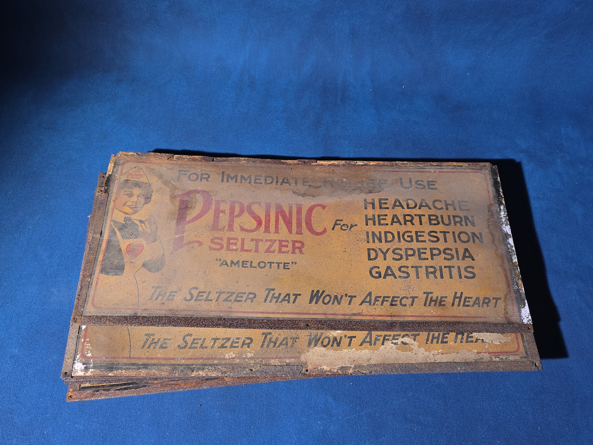Grouping of 14 Antique Pepsinic Seltzer "Amelotte" Tin Lithograph Advertising Signs, Poor Condition