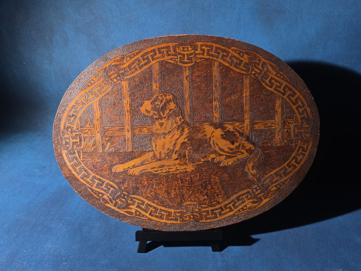 Antique Flemish Art Co. Pyrography Oval Wood Plaque of a Dog, New York