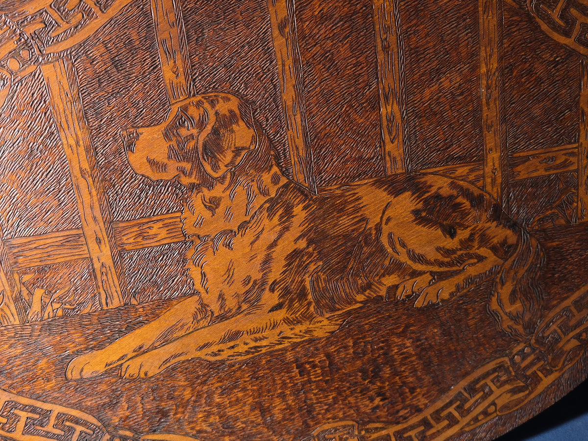 Antique Flemish Art Co. Pyrography Oval Wood Plaque of a Dog, New York