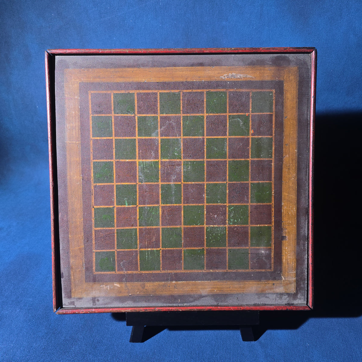 Antique Painted Wood Checkerboard Game Board in Green, Brown, and Red