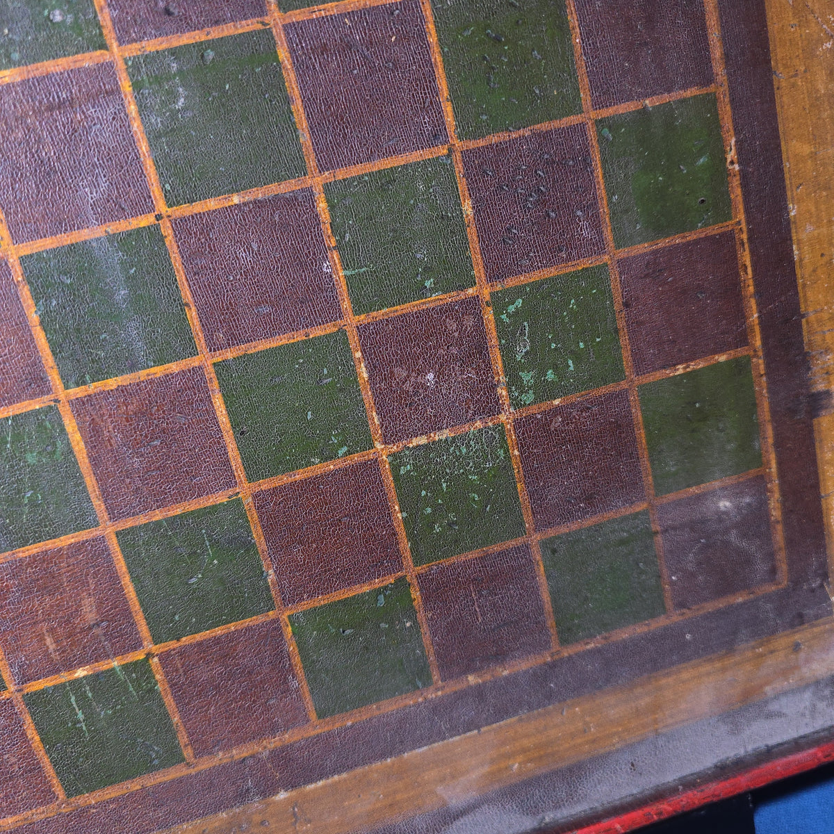 Antique Painted Wood Checkerboard Game Board in Green, Brown, and Red
