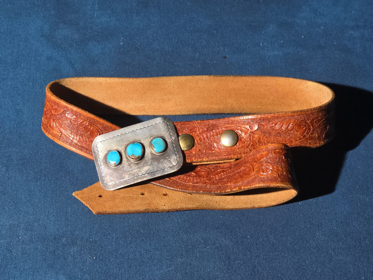 Vintage Sterling Silver and Turquoise Belt Buckle on Tooled Leather Belt