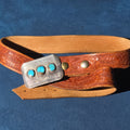 Lot 151 - Vintage Sterling Silver and Turquoise Belt Buckle on Tooled Leather Belt