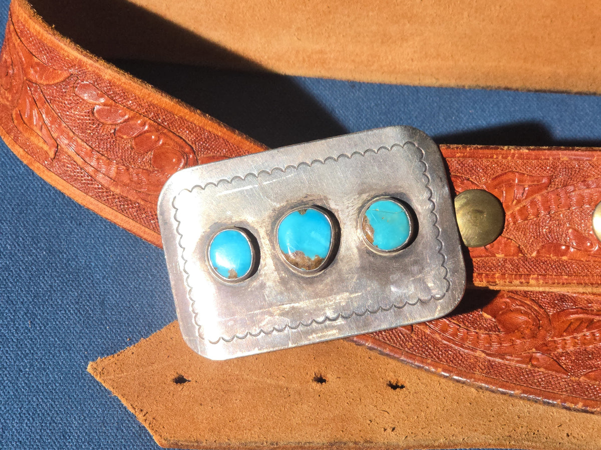 Vintage Sterling Silver and Turquoise Belt Buckle on Tooled Leather Belt