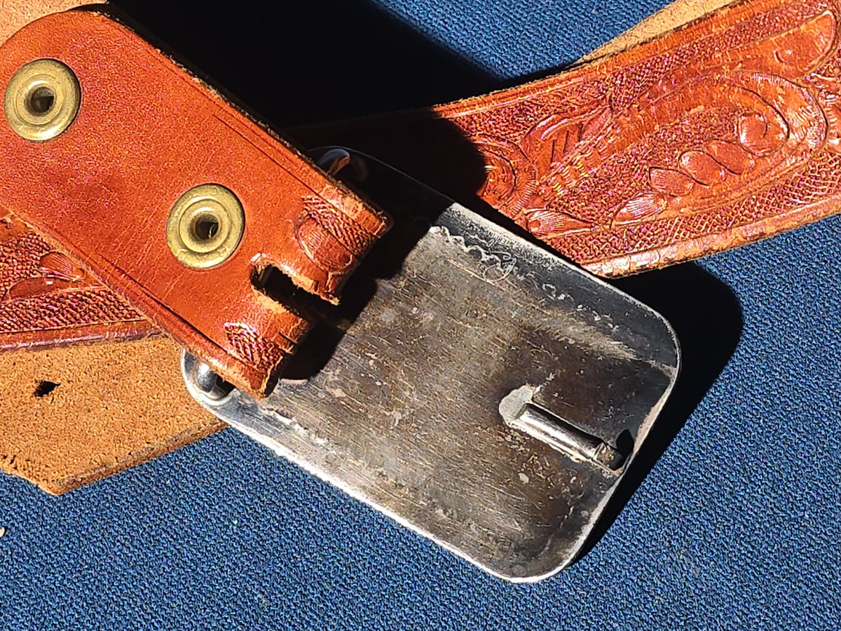 Vintage Sterling Silver and Turquoise Belt Buckle on Tooled Leather Belt