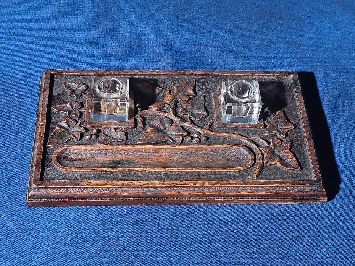 Antique Carved Wood Inkwell Stand with Two Glass Inkwells and Pen Tray