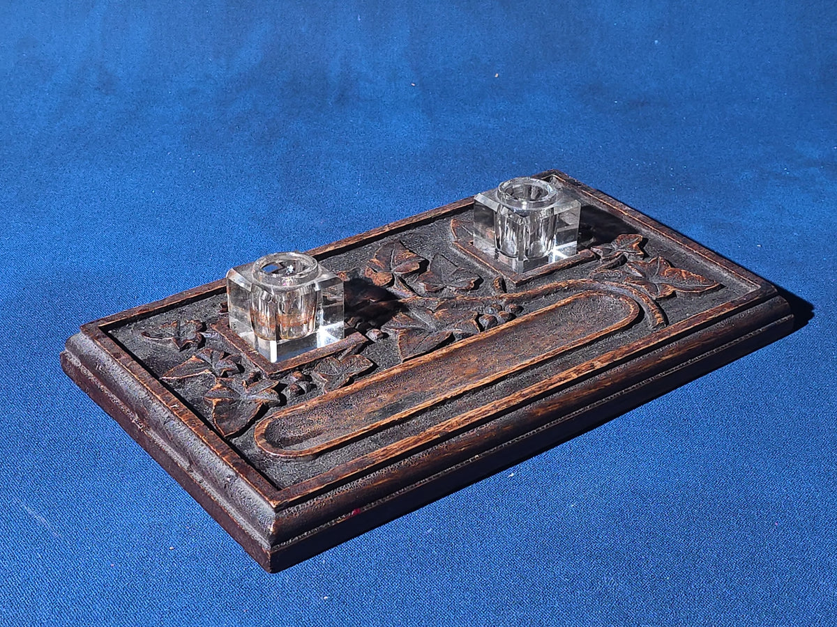 Antique Carved Wood Inkwell Stand with Two Glass Inkwells and Pen Tray