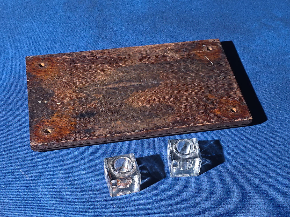 Antique Carved Wood Inkwell Stand with Two Glass Inkwells and Pen Tray