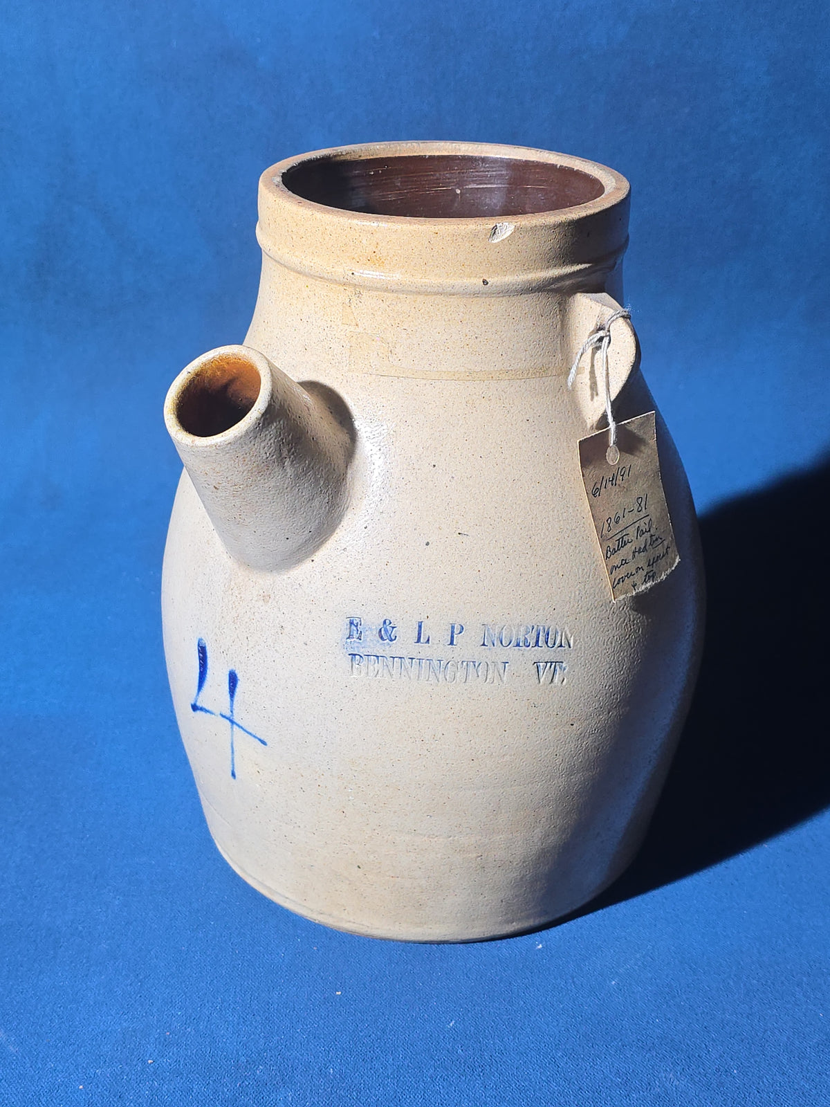 Antique Four-Gallon Stoneware Batter Pail, Manufactured by E. & L. P. Norton, Bennington, Vermont, Note Damage
