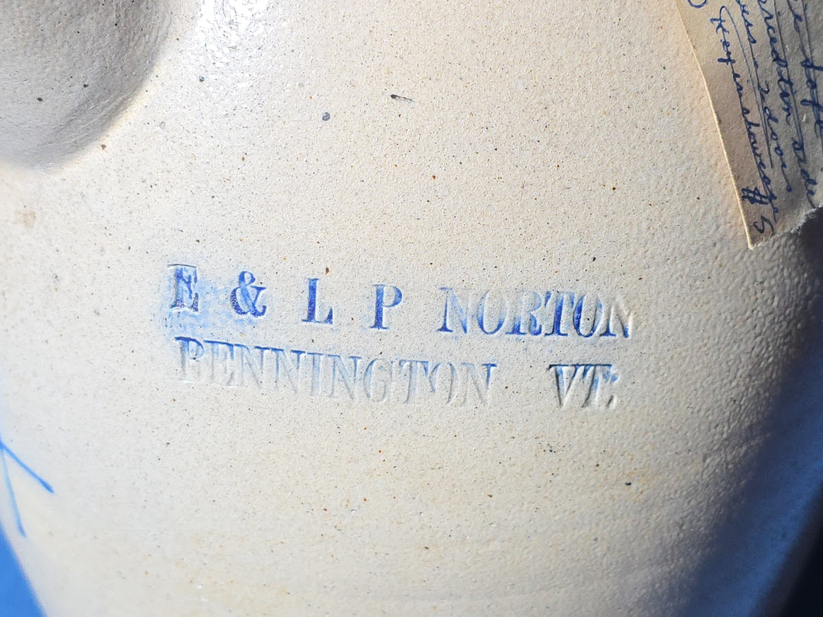 Antique Four-Gallon Stoneware Batter Pail, Manufactured by E. & L. P. Norton, Bennington, Vermont, Note Damage