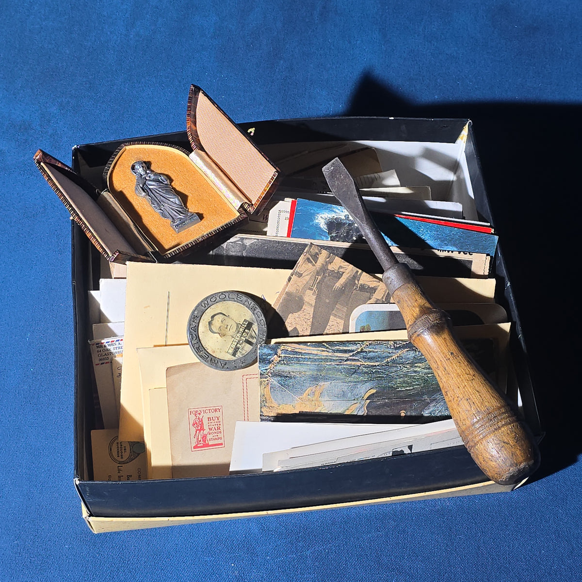 Antique and Vintage Box Lot of Ephemera and Smalls including American Woolen Company Webster Mill Employee Badge, Seiko Quartz Wristwatch, and Religious Keepsake