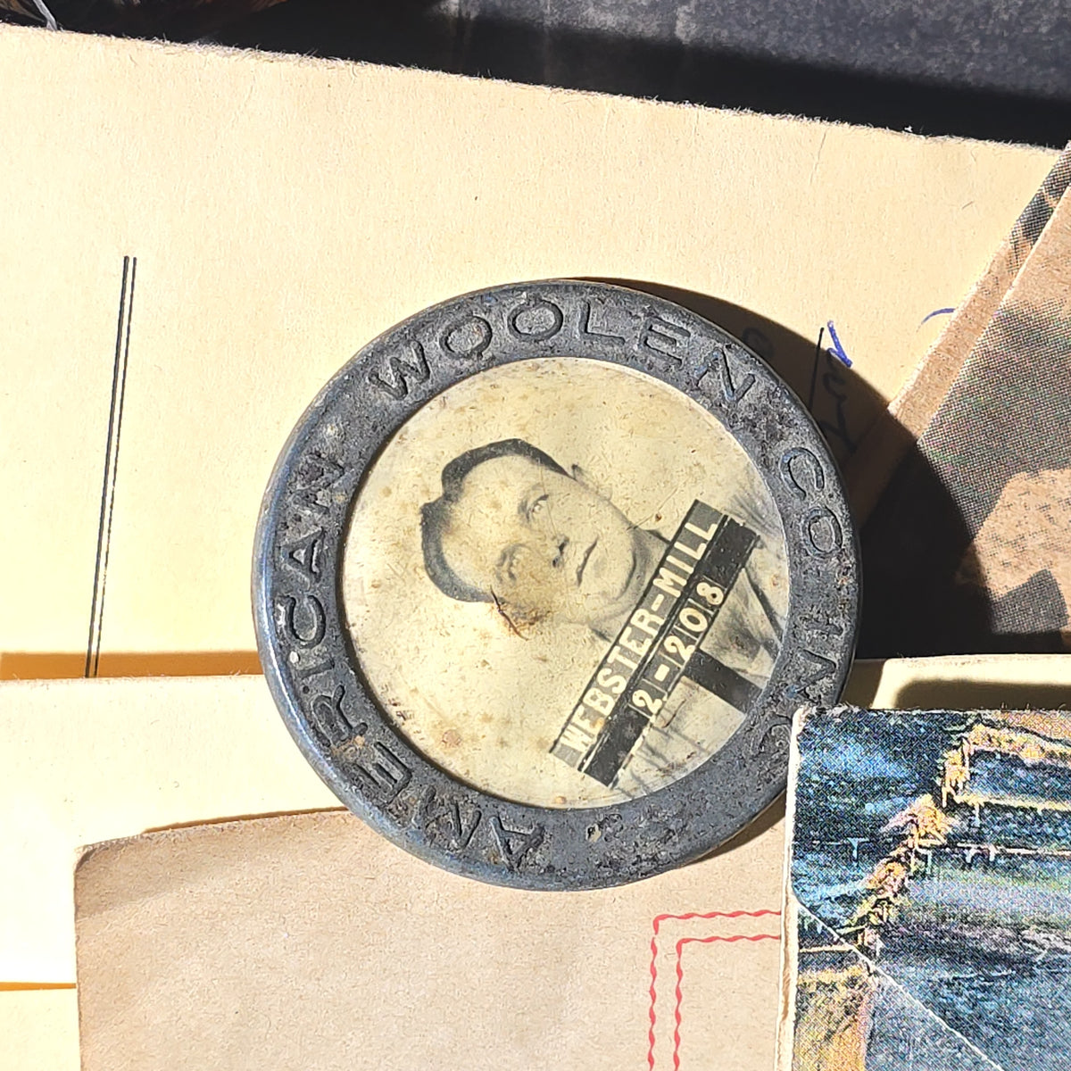 Antique and Vintage Box Lot of Ephemera and Smalls including American Woolen Company Webster Mill Employee Badge, Seiko Quartz Wristwatch, and Religious Keepsake