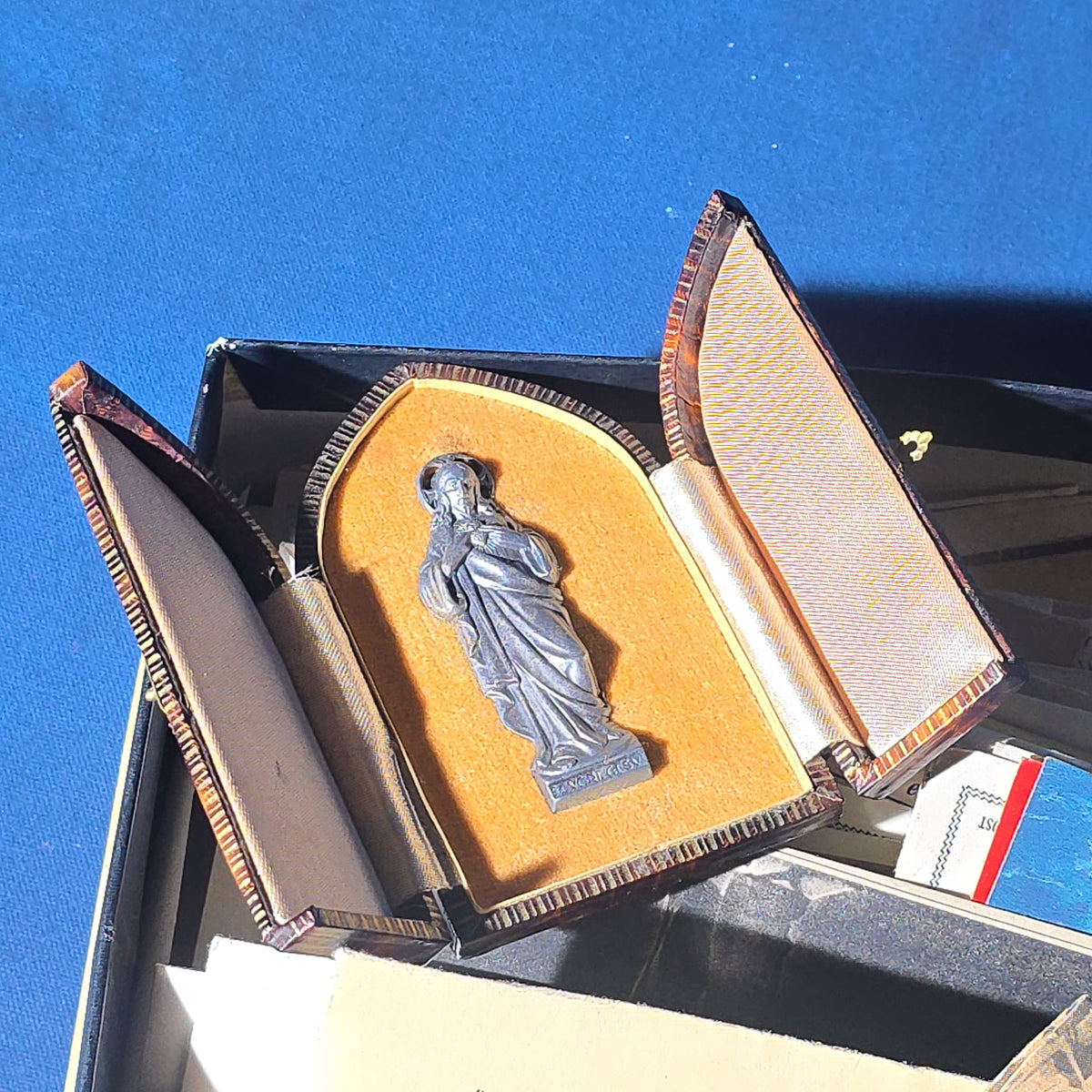 Antique and Vintage Box Lot of Ephemera and Smalls including American Woolen Company Webster Mill Employee Badge, Seiko Quartz Wristwatch, and Religious Keepsake