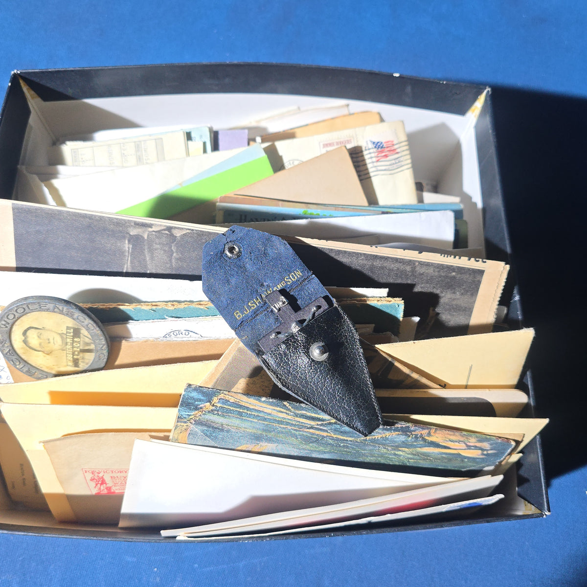 Antique and Vintage Box Lot of Ephemera and Smalls including American Woolen Company Webster Mill Employee Badge, Seiko Quartz Wristwatch, and Religious Keepsake