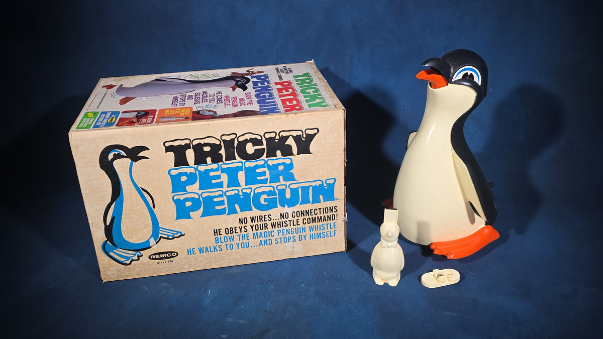 Vintage Remco "Tricky Peter Penguin" Battery-Operated Whistle-Activated Toy in Original Box with Instructions, 1969