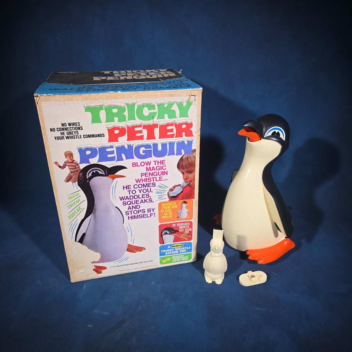 Vintage Remco "Tricky Peter Penguin" Battery-Operated Whistle-Activated Toy in Original Box with Instructions, 1969