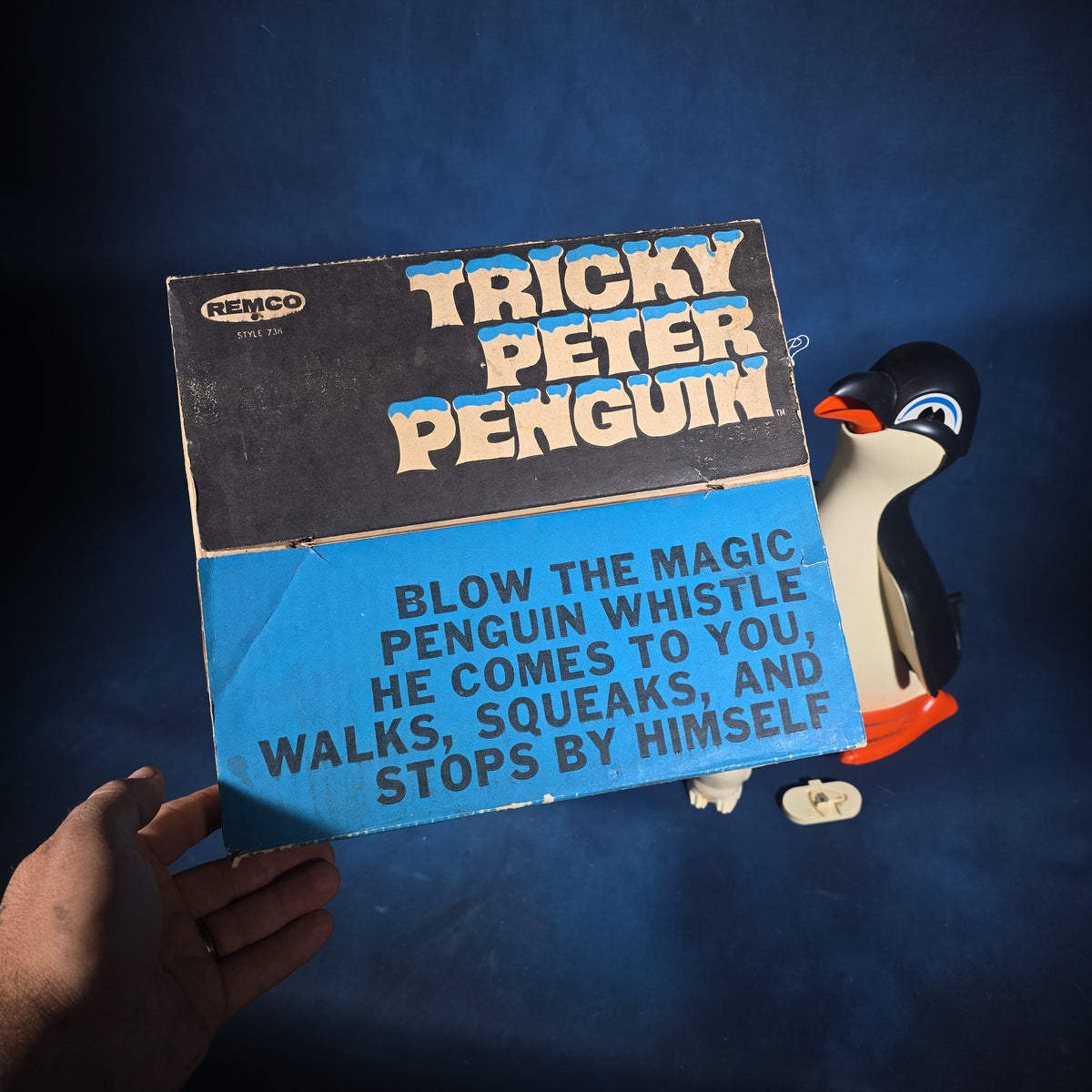 Vintage Remco "Tricky Peter Penguin" Battery-Operated Whistle-Activated Toy in Original Box with Instructions, 1969