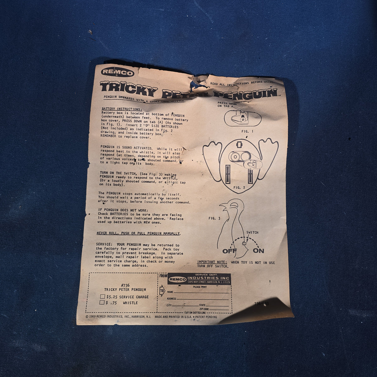 Vintage Remco "Tricky Peter Penguin" Battery-Operated Whistle-Activated Toy in Original Box with Instructions, 1969