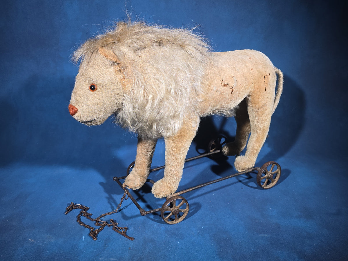 Antique Stuffed Mohair Lion Pull Toy on Iron Wheel Base with Chain