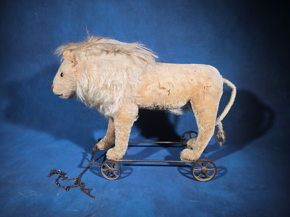 Antique Stuffed Mohair Lion Pull Toy on Iron Wheel Base with Chain