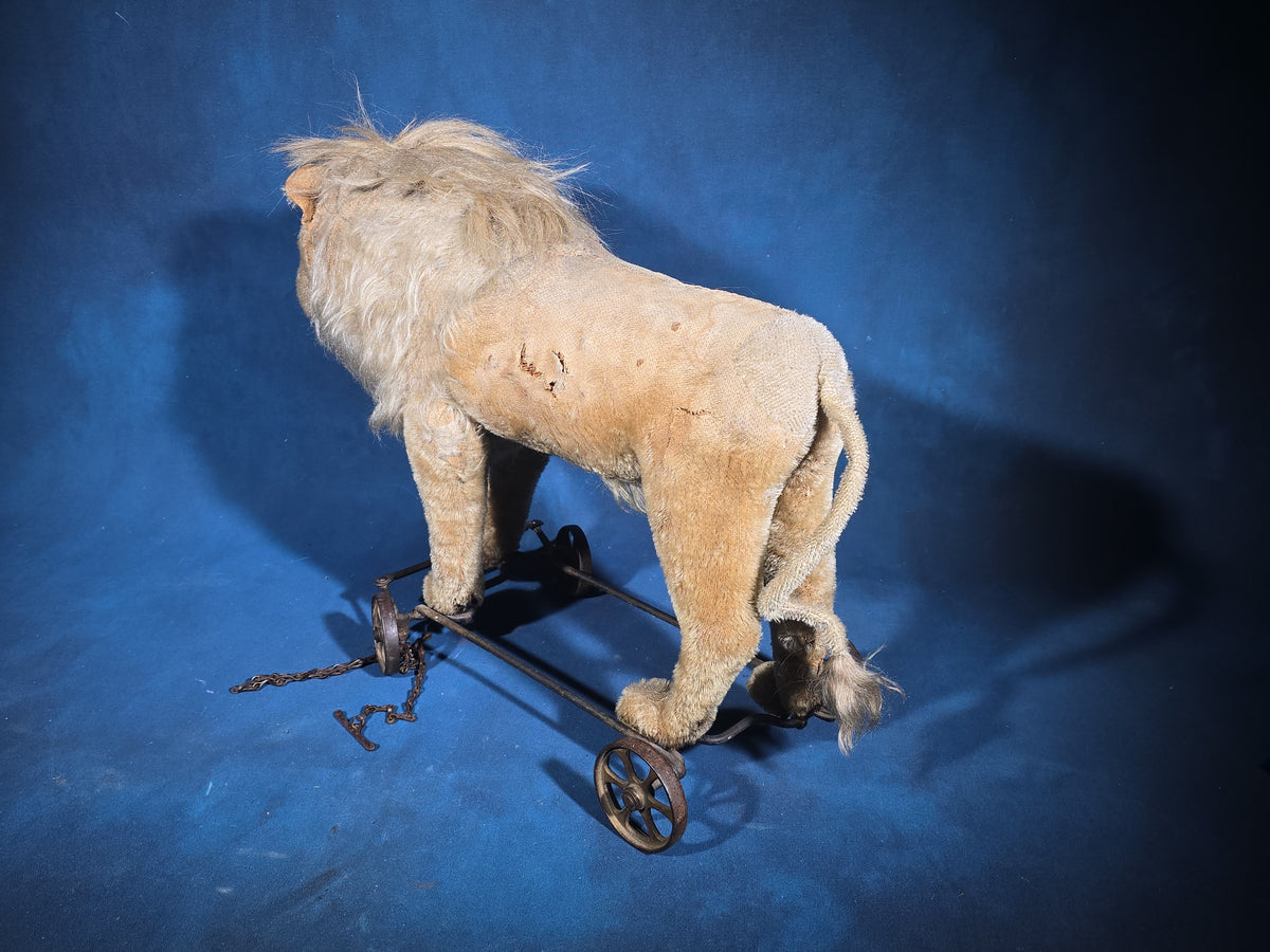 Antique Stuffed Mohair Lion Pull Toy on Iron Wheel Base with Chain