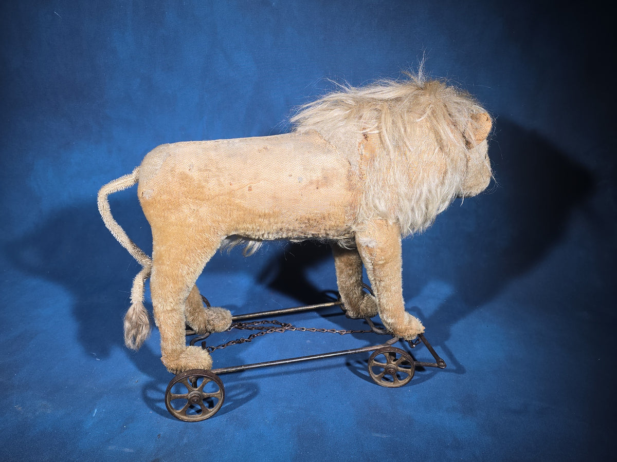 Antique Stuffed Mohair Lion Pull Toy on Iron Wheel Base with Chain
