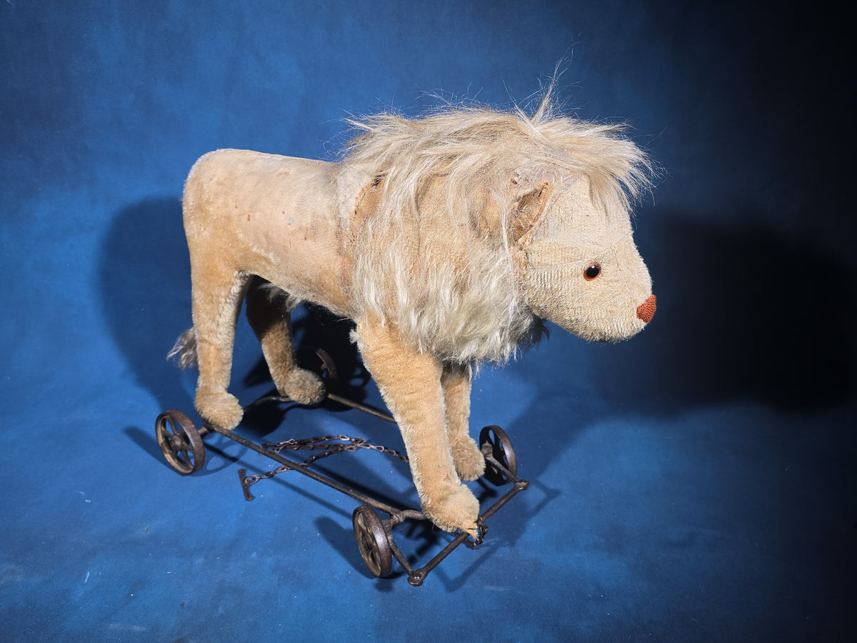 Antique Stuffed Mohair Lion Pull Toy on Iron Wheel Base with Chain