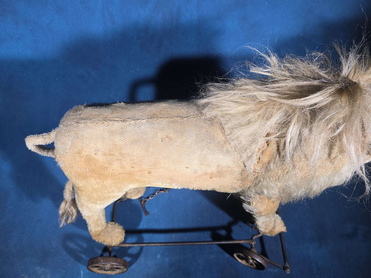 Antique Stuffed Mohair Lion Pull Toy on Iron Wheel Base with Chain