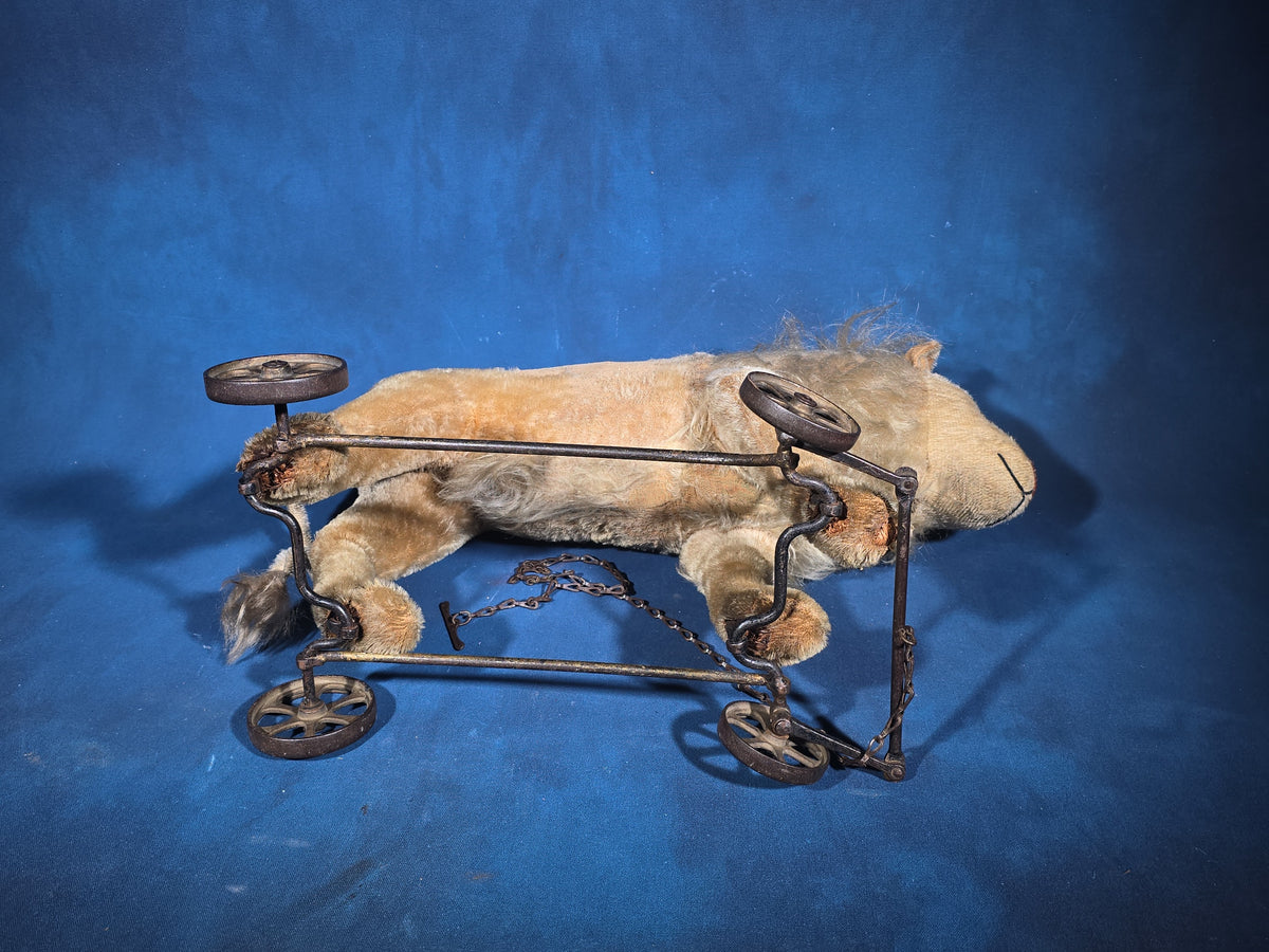 Antique Stuffed Mohair Lion Pull Toy on Iron Wheel Base with Chain