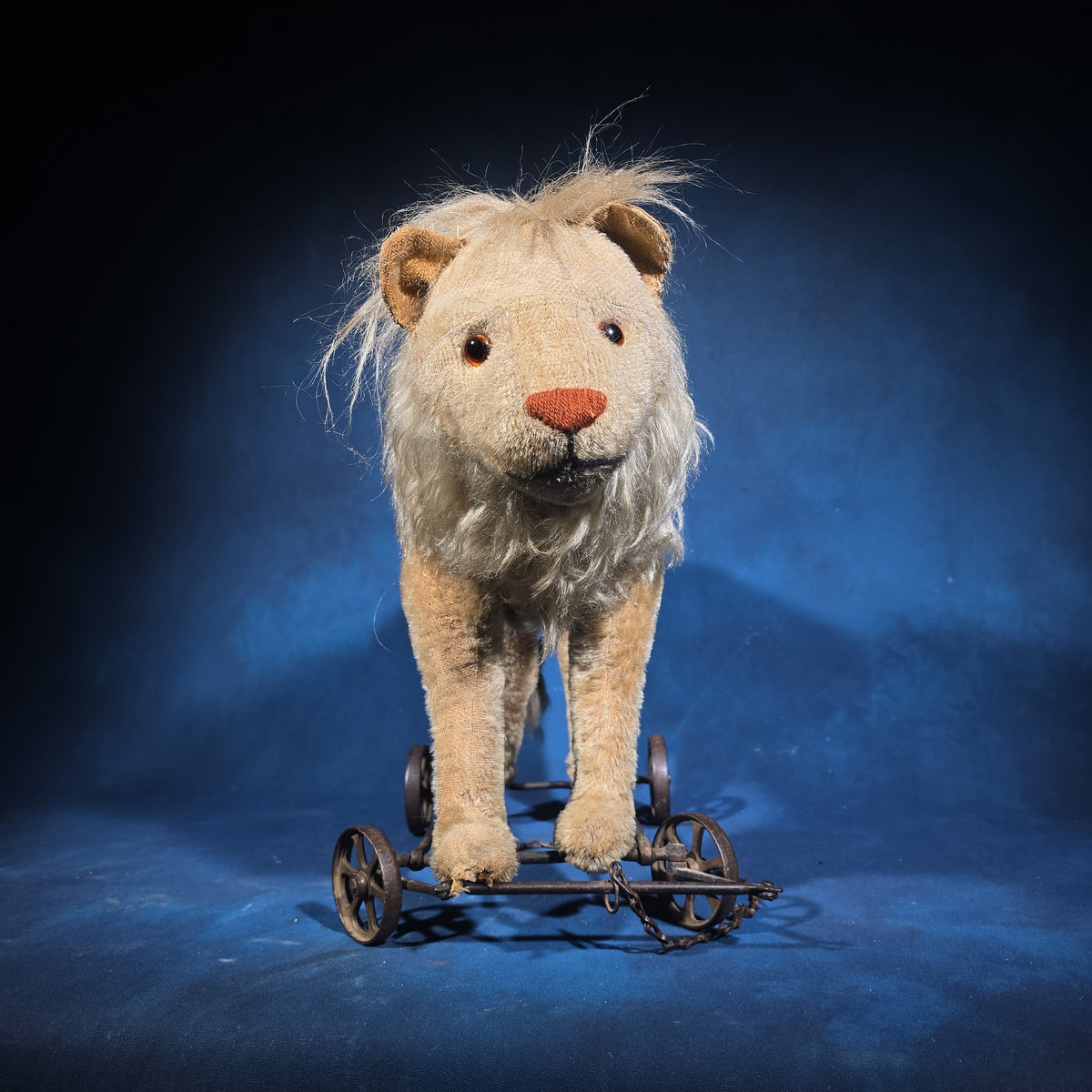 Antique Stuffed Mohair Lion Pull Toy on Iron Wheel Base with Chain