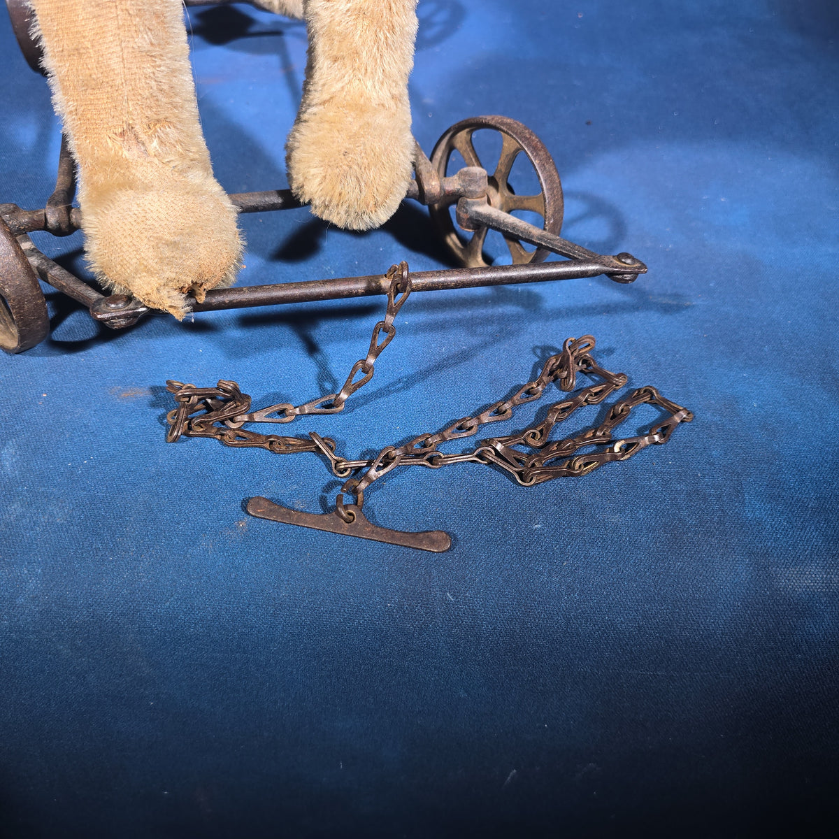 Antique Stuffed Mohair Lion Pull Toy on Iron Wheel Base with Chain