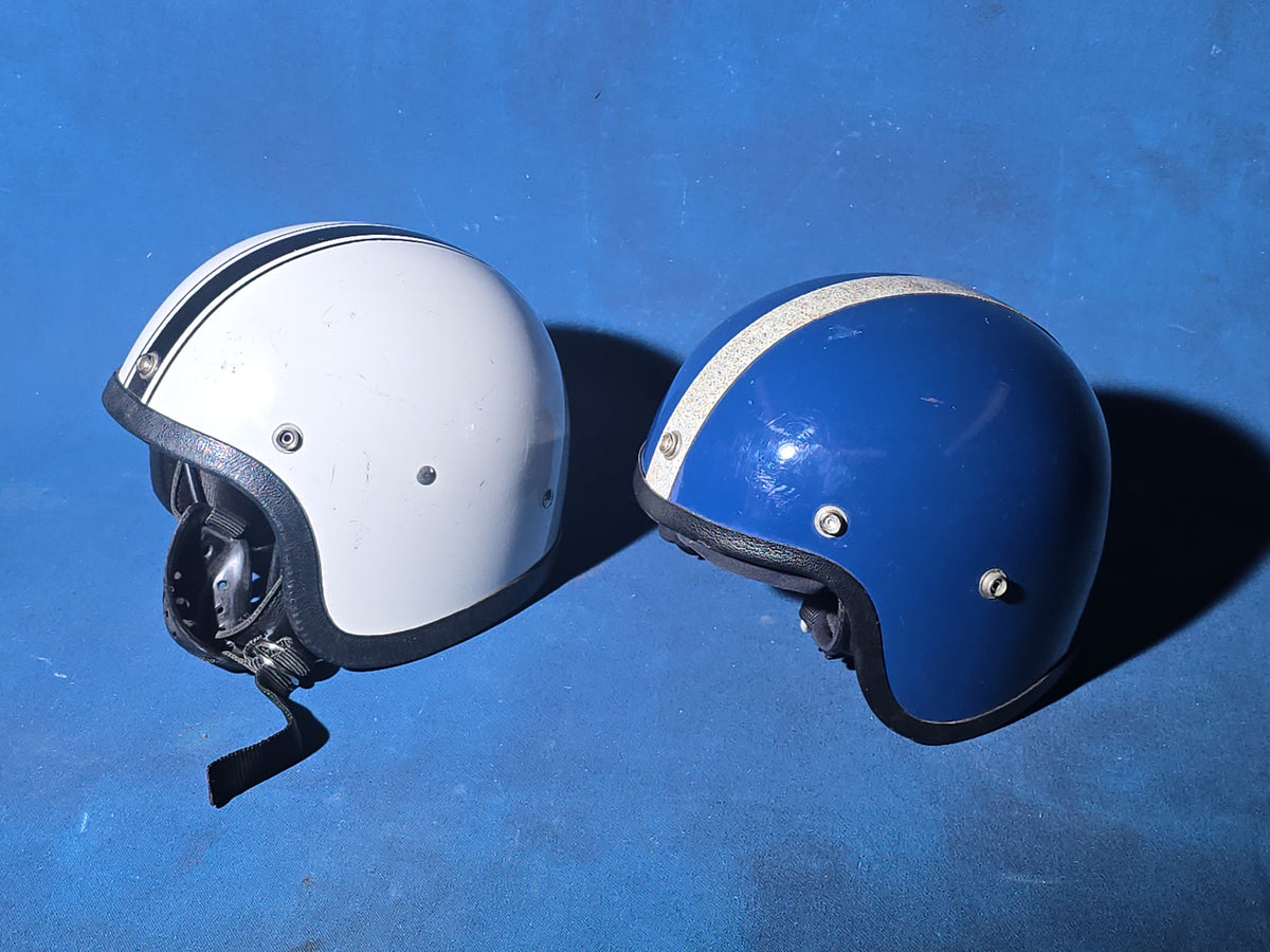 Pair of Vintage Open-Face Motorcycle Helmets, White with Black Stripe and Blue with Silver Stripe, Small