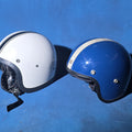 Lot 190 - Pair of Vintage Open-Face Motorcycle Helmets, White with Black Stripe and Blue with Silver Stripe, Small